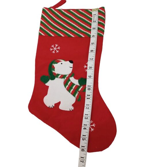 Whimsical Polar Bear Christmas Stocking Red Green White Snowflakes Holiday Decor - Picture 7 of 10